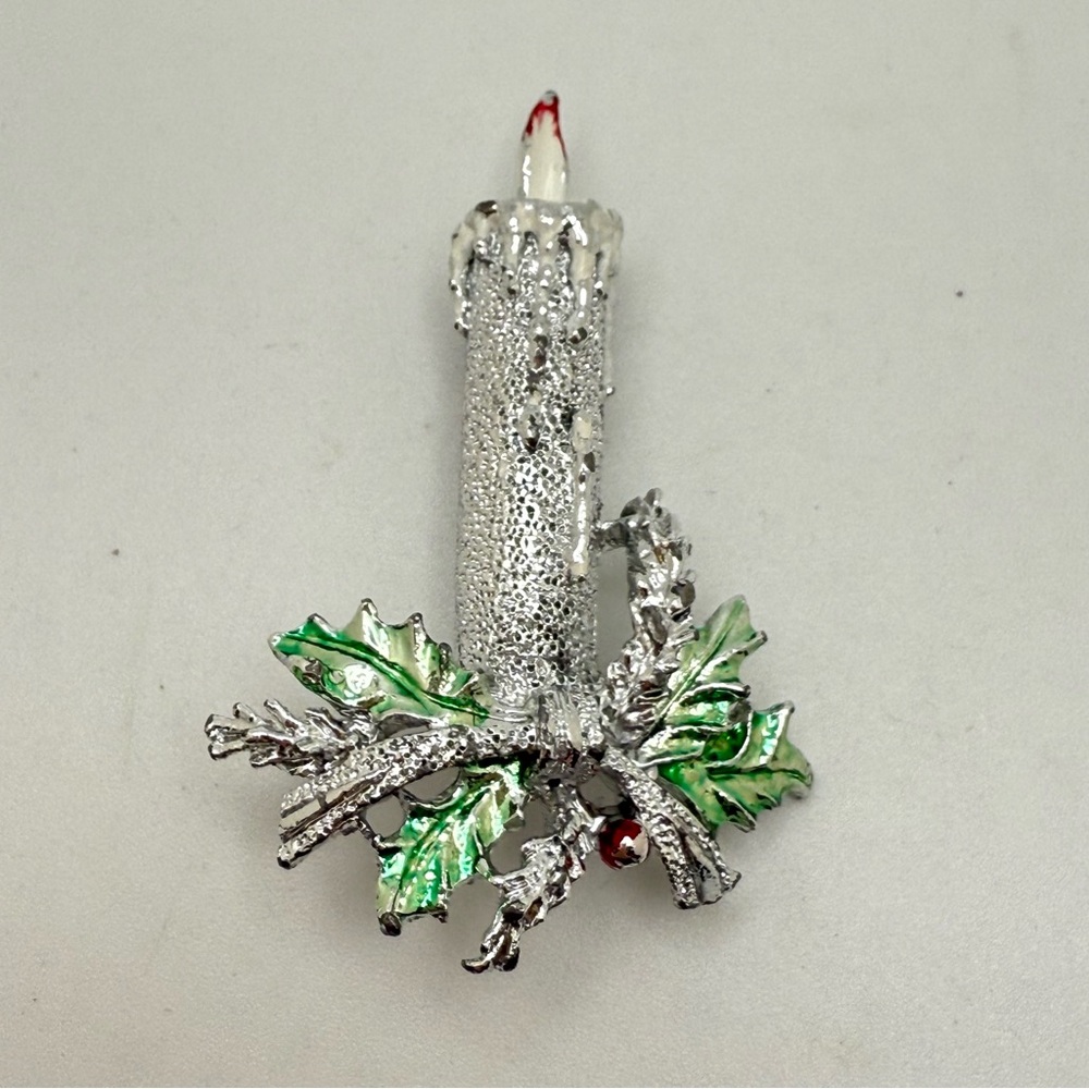 Vintage Gerry's Christmas Silver Tone Candle Holly Branch Pin Brooch Signed